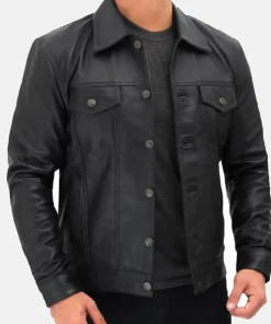 Real Black Leather Trucker Jacket For Mens