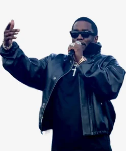 Diddy Combs Charges Black Leatehr Oversized Jacket