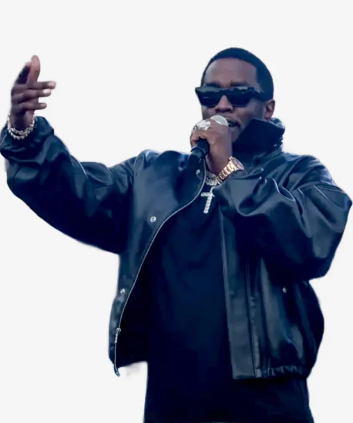 Diddy Combs Charges Black Leatehr Oversized Jacket