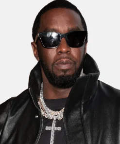 Diddy Combs Charges Black Leather Bomber Jacket