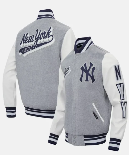Shop New York Yankees Pro Standard Heather Gray Script Tail Varity Jacket