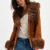 American Model Bella Hadid Brown Suede Cropped Fur Coat