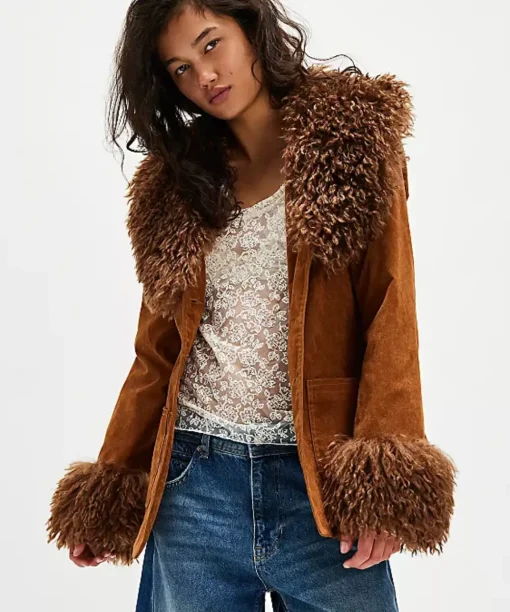 American Model Bella Hadid Brown Suede Cropped Fur Coat