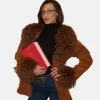 Bella Hadid Brown Suede Fur Crooped Coat