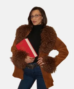 Bella Hadid Brown Suede Fur Crooped Coat