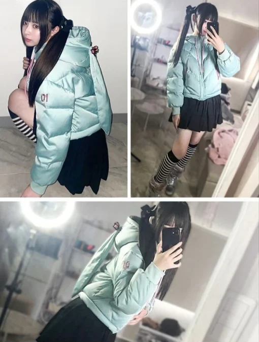 Hatsune Miku Bows and Twintails Blue Green Down Puffer Jacket