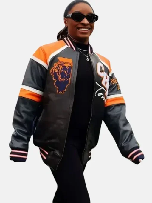 Simone Biles Chicago Bears Jonathan Owens Varsity Leather Bomber Jacket