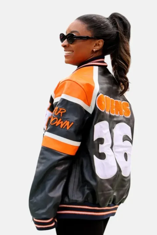 Simone Biles Chicago Bears Jonathan Owens Jersey Number Varsity Leather Bomber Jacket