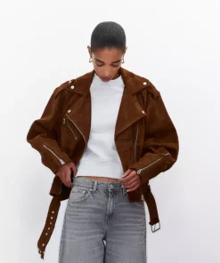 Pull and Bear Brown Suede Leather Biker Jacket