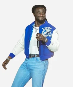Thanksgiving Halftime Performance Shaboozey Detroit Lions Blue Letterman Varsity Jacket
