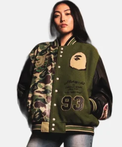 Shop Jeff Hamilton x BAPE Wool & Leather Varsity Bomber Jacket