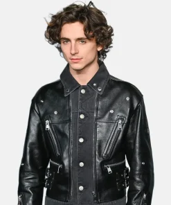 Vanity Fair Oscar Party Timothée Chalamet Black Denim and Black Leather Jacket