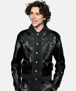 Vanity Fair Oscar Party Timothée Chalamet Black Leather Jacket