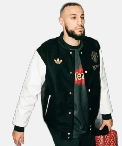 Adidas Manchester United F.C. Wool Black and White Varsity Jacket With Leather Sleeves