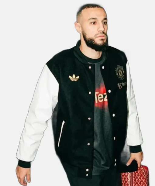  Adidas Manchester United F.C. Wool Black and White Varsity Jacket With Leather Sleeves
