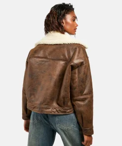 Brown Faux Leather Wash Shearling Aviator Jacket