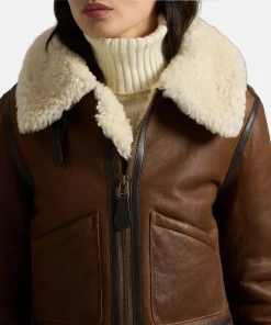 Brown Leather-Trim Shearling Flying Aviator Bomber Jacket