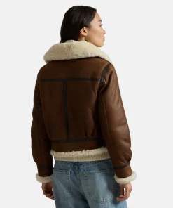 Brown Leather-Trim Shearling Flying Aviator Bomber Jacket women
