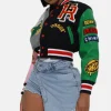Honor Roll Faux Leather Cropped Varsity Jacket - Multicolor