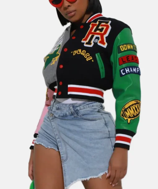 Honor Roll Faux Leather Cropped Varsity Jacket - Multicolor