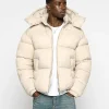 Mens Beige Hooded Puffer Jacket