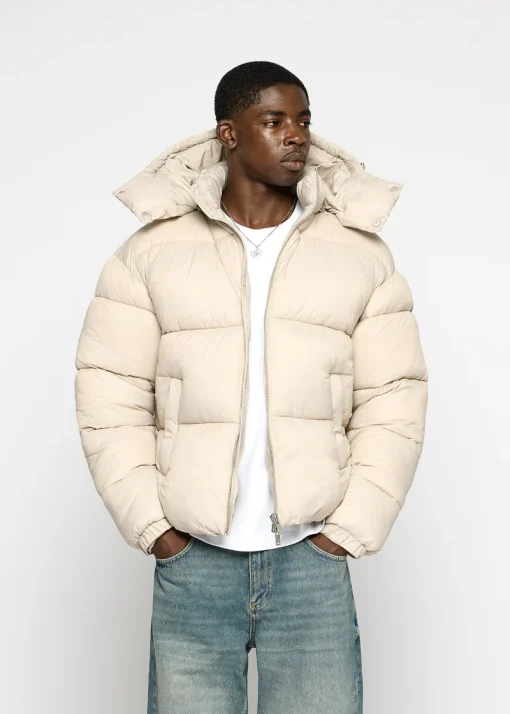 Mens Beige Hooded Puffer Jacket