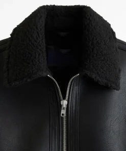 Mens Black Shearling Cropped Aviator Sherpa Leather Jacket