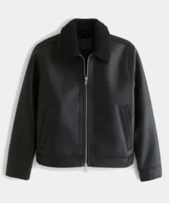 Mens Cropped Aviator Sherpa Black Leather Jacket