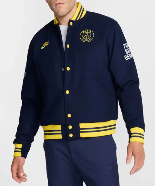 Men's Nike Paris Saint-Germain Full-Snap Cycling Redefined Varsity Jacket -Navy