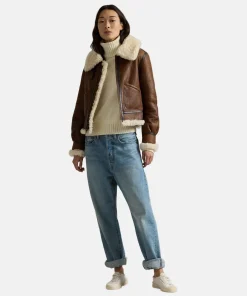Women Brown Leather-Trim Shearling Flying Aviator Bomber Jacket