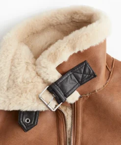 Women Brown Oversized Aviator Fur collar Sharling Jacket