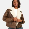 Women Brown Wash Faux Aviator Jacket