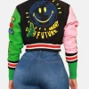 Women Honor Roll Faux Multicolor Leather Cropped Varsity Jacket