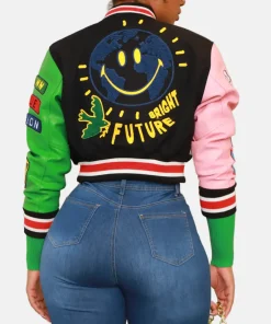 Women Honor Roll Faux Multicolor Leather Cropped Varsity Jacket