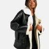 Women Trim Oversized Black Leather Fur Faux Shearling  Aviator Bomber Jacket