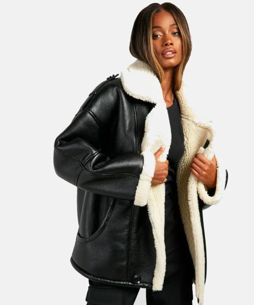 Women Trim Oversized Black Leather Fur Faux Shearling  Aviator Bomber Jacket
