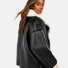 Women Trim Oversized Black Leather Shearling  Aviator Bomber Jacket