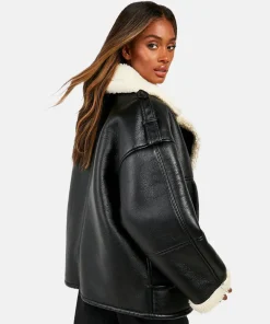 Women Trim Oversized Black Leather Shearling  Aviator Bomber Jacket