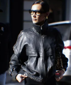 Bella Hadid Black Leather Oversized Bomber Jacket NYC 2025