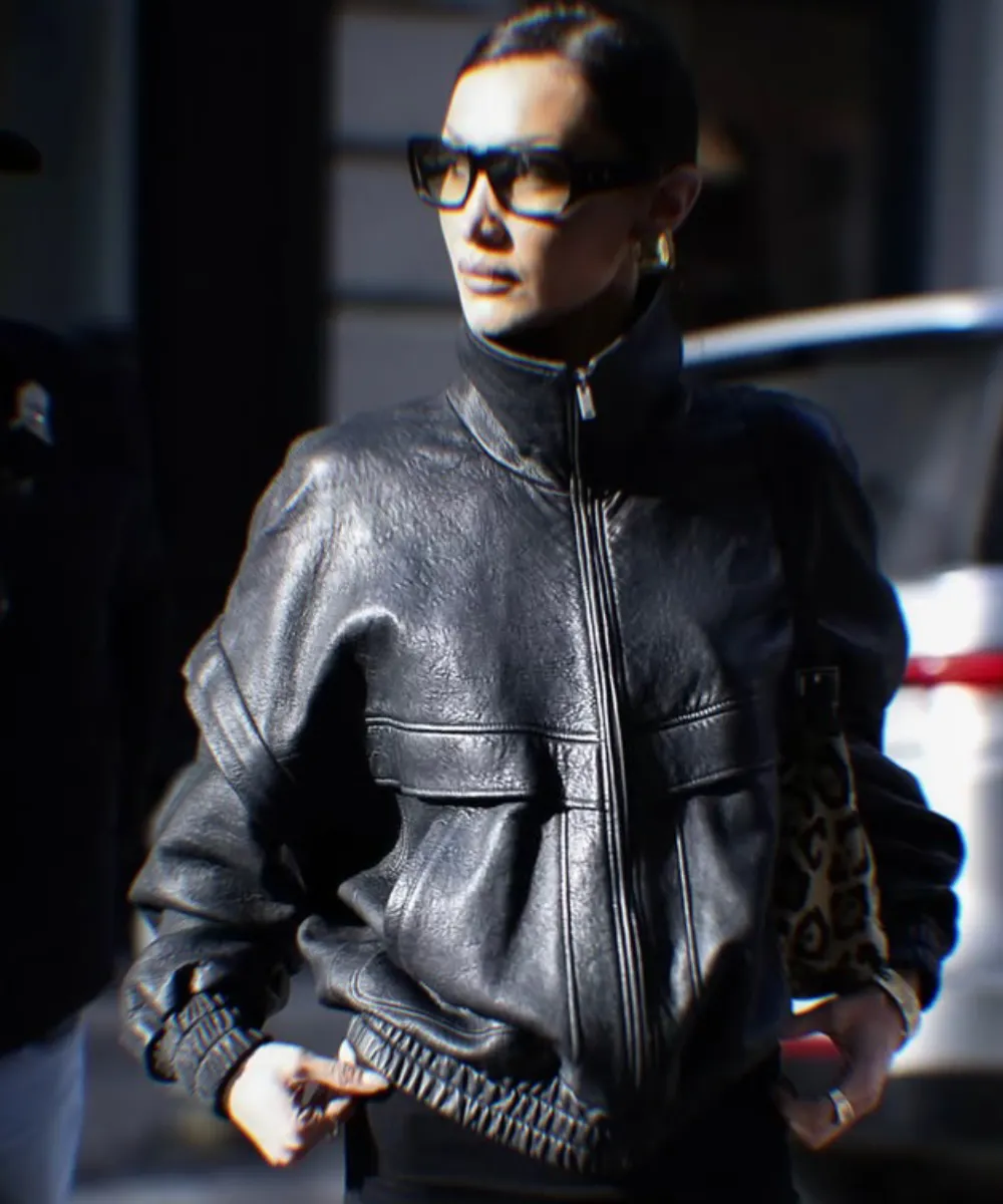 Bella Hadid Black Leather Oversized Bomber Jacket NYC 2025