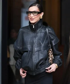 Bella Hadid NYC 2025 Approved Black Leather Bomber Jacket for Autumn