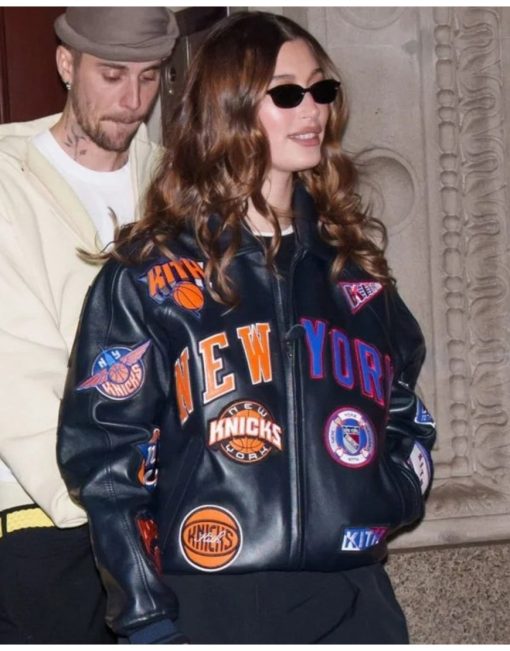 Hailey Bieber New York Knicks Leather Jacket black