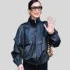 NYC 2025 Bella Hadid Black Leather Bomber Jacket