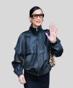NYC 2025 Bella Hadid Black Leather Bomber Jacket