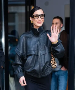 NYC 2025 Bella Hadid Black Leather Jacket