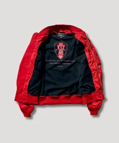 STRICT-G x ALPHA Light MA-1 Bomber Jacket Red inner