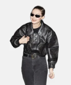 Gigi Hadid Black Leather Jacket Paris FW 2025
