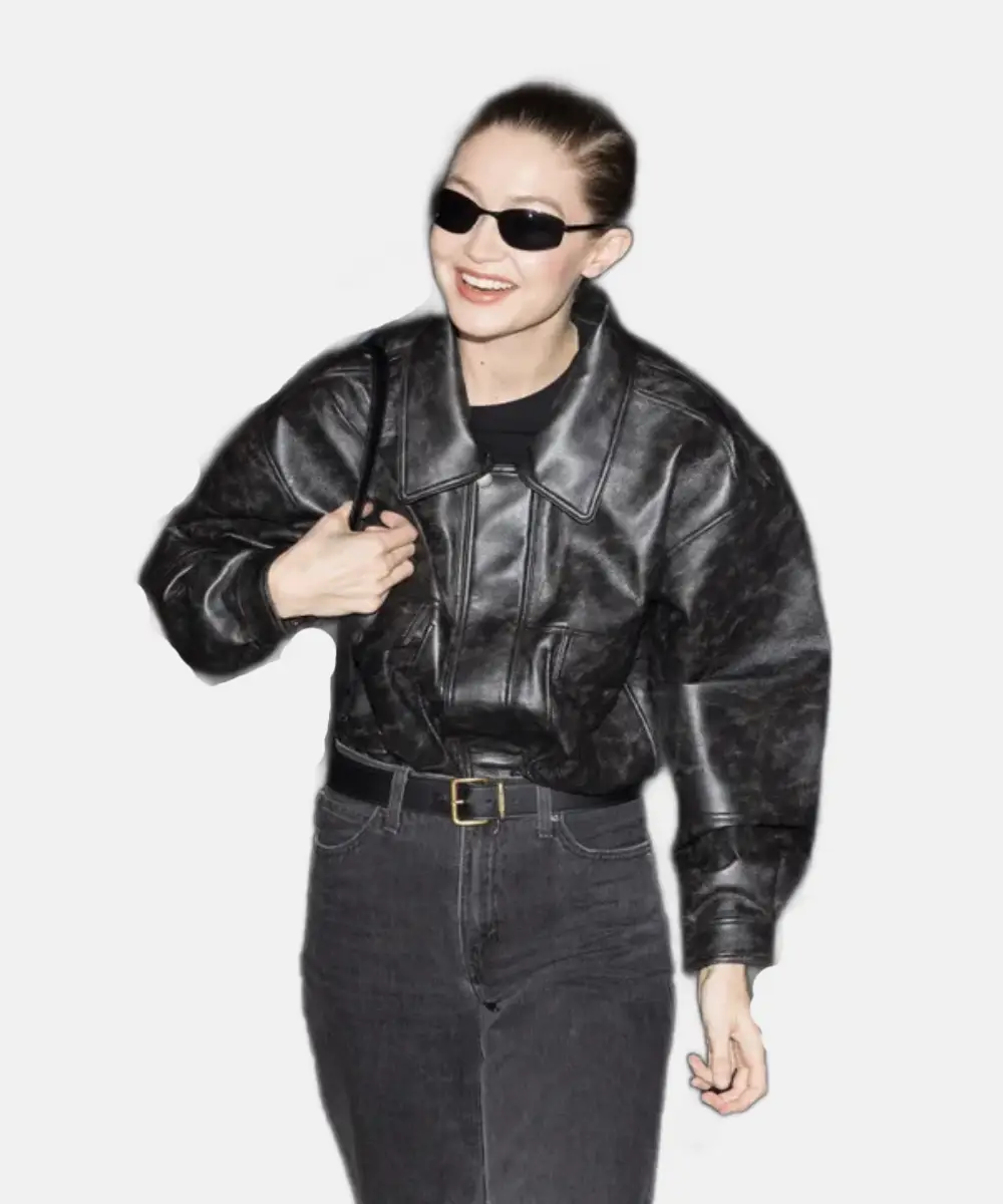 Gigi Hadid Black Leather Jacket Paris FW 2025