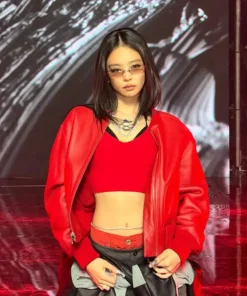 Jennie Kim “Like JENNIE” Red Leather Bomber Jacket