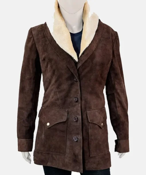 Kelly Reilly Yellowstone Beth Dutton Brown Suede Shearling Coat 